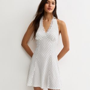 Cream Spot Print Lace Trim Halter Neck Mini Dress