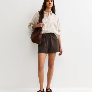 Dark Brown Cotton Twill Pull On Drawstring Shorts
