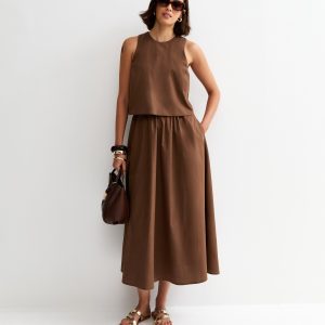 Dark Brown Layered Sleeveless Midi Dress