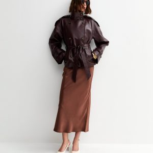 Dark Brown Satin Bias Cut Midi Skirt