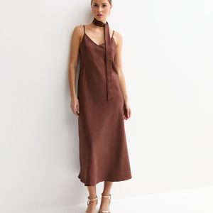 Dark Brown Satin Slip Midi Dress with Scarf
