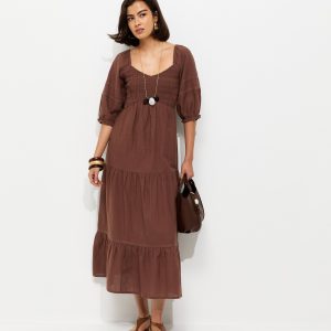 Dark Brown Shirred Milkmaid Midi Dress