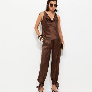 Dark Brown Soft Touch Tie Cuff Satin Trousers