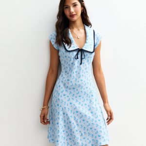 Light Blue Floral Print Collared Mini Dress