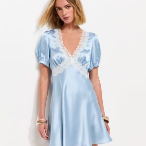 Light Blue Satin Lace Trim Mini Dress