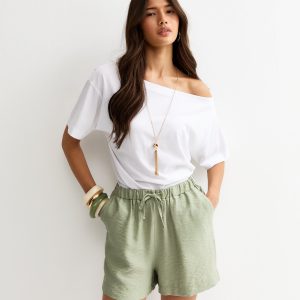 Light Green Crinkle Texture Drawstring Shorts