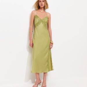 Light Green Lace Trim Slip Strappy Midi Dress