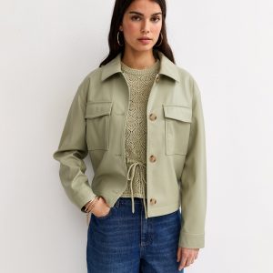 Light Khaki Faux Leather Flap Pocket Shacket
