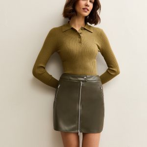 Light Khaki Faux Leather Zip Detail Mini Skirt