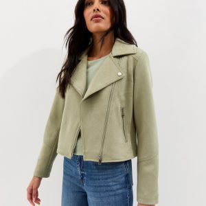 Light Khaki Faux Suede Biker Jacket