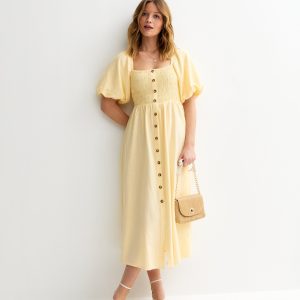 Light Yellow Faux Button Milkmaid Midi Dress