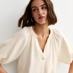 Off White Puff Sleeve V-Neck Blouse