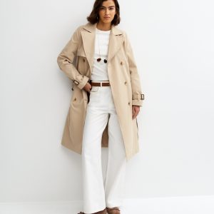 Stone Double Breasted Belted Trench Coat