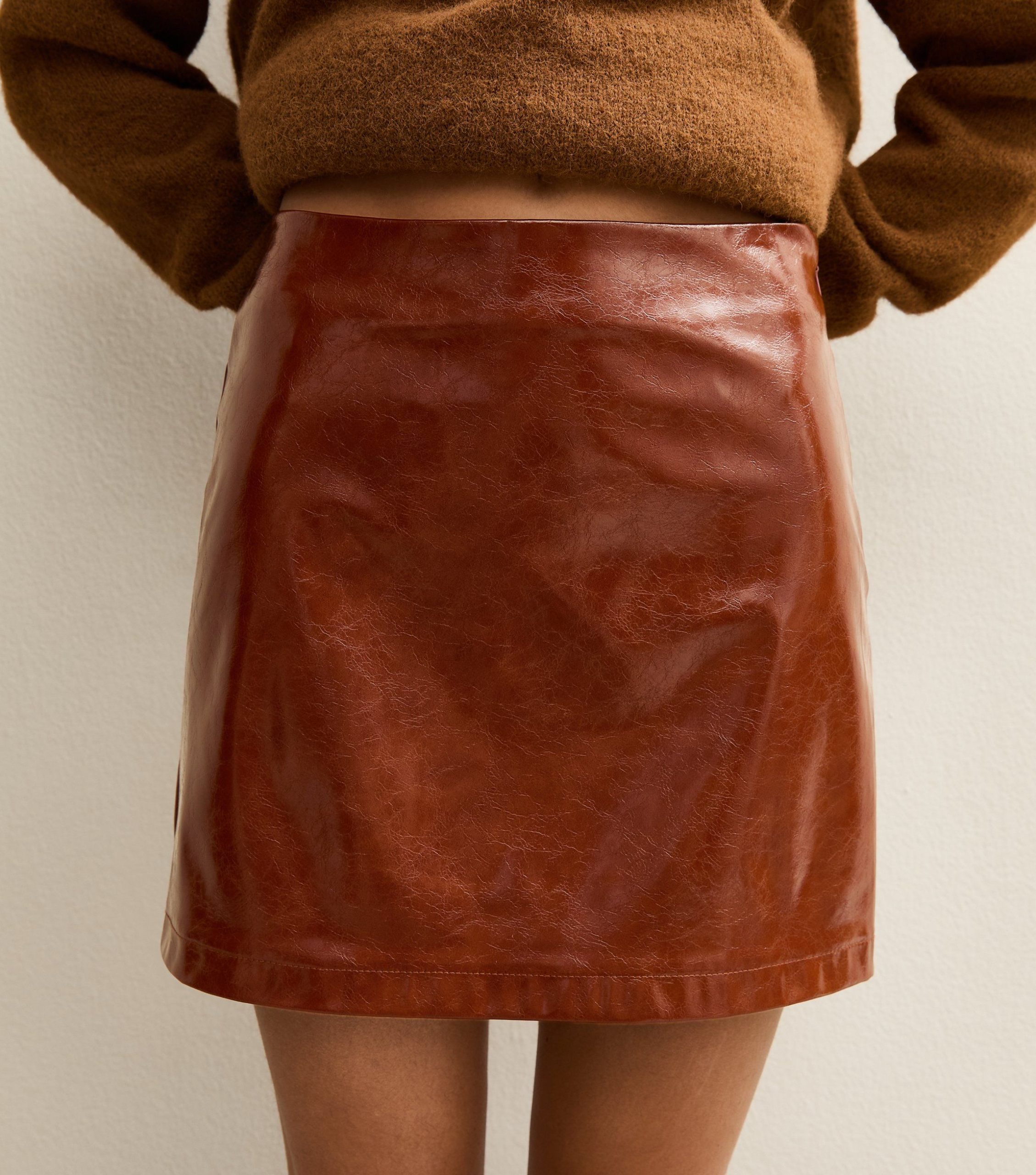 Tan Cracked Faux Leather Mini Skirt - Image 3