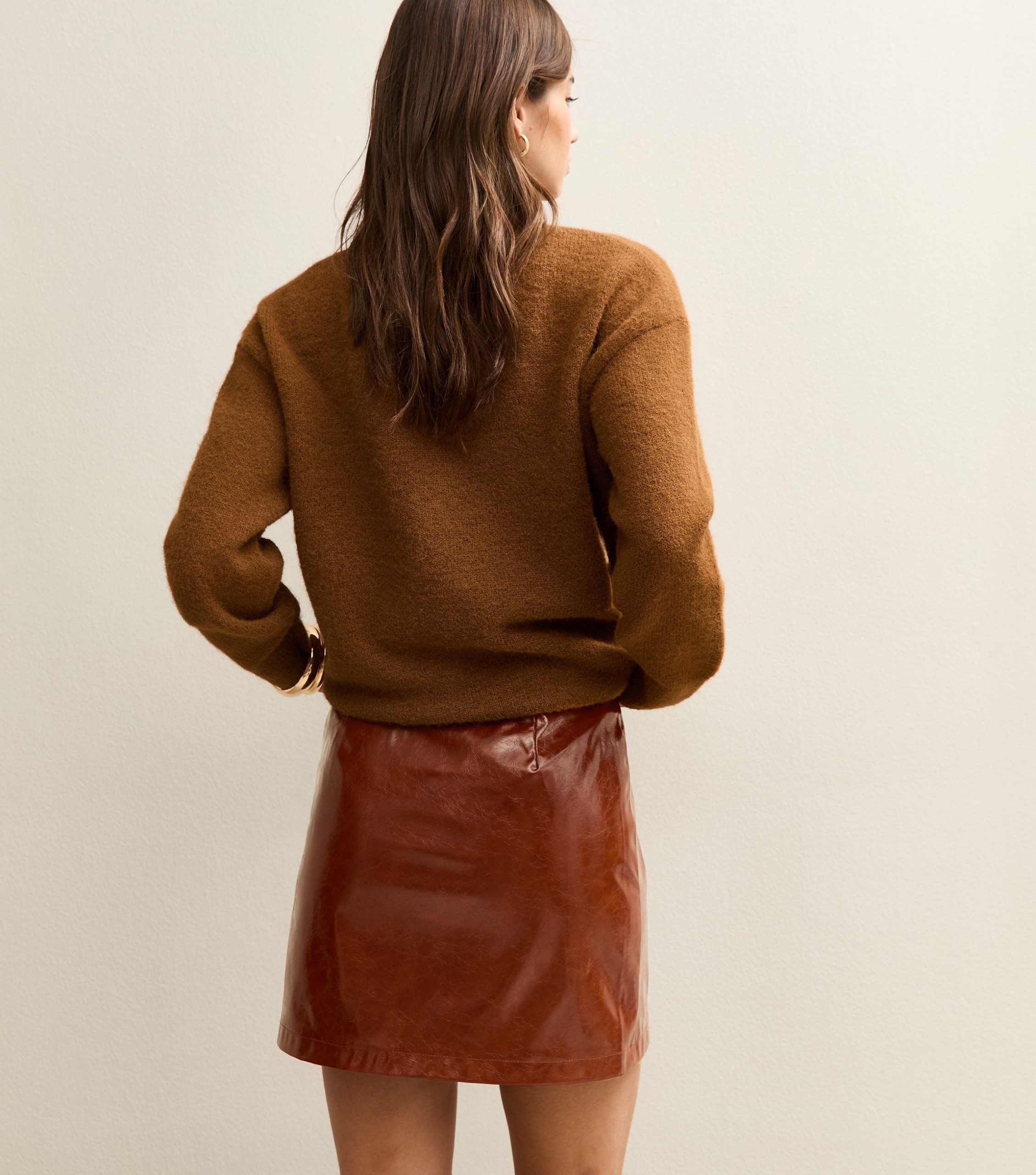 Tan Cracked Faux Leather Mini Skirt - Image 4