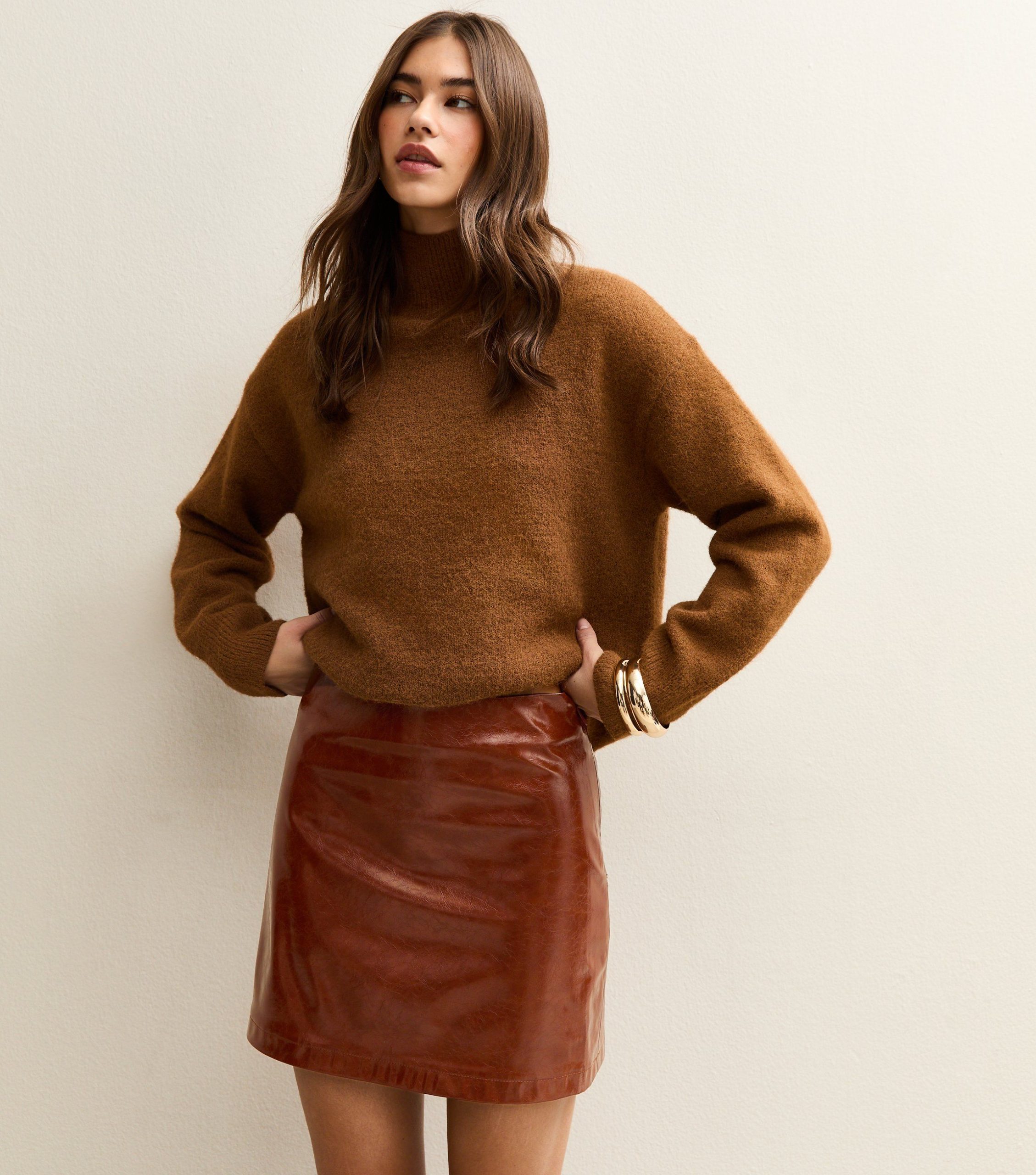 Tan Cracked Faux Leather Mini Skirt