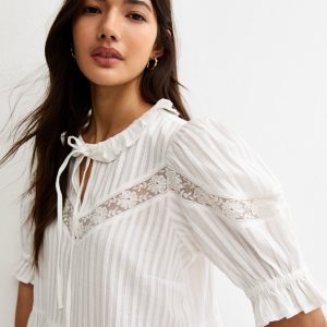 White Striped Ruffle Tie Neck Blouse