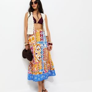 Yellow Baroque Scarf Print Tiered Midi Skirt
