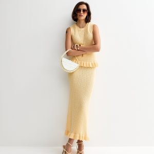 Yellow Cotton Rich Stitchy Knit Frill Hem Midi Skirt
