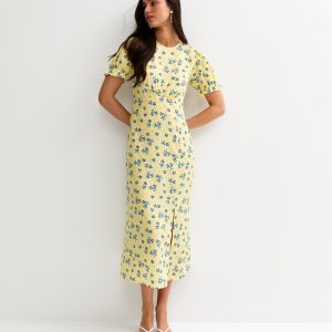 Yellow Floral Short Sleeve Midi Dress